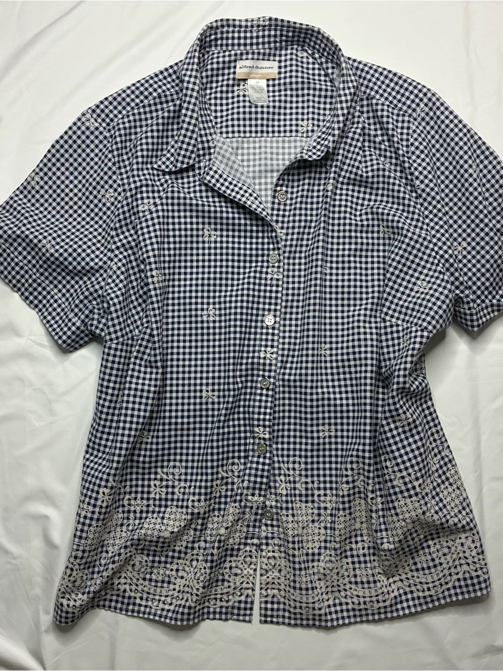 Alfred Dunner Navy and White Gingham Button-Front Shirt with Embroidered Hem